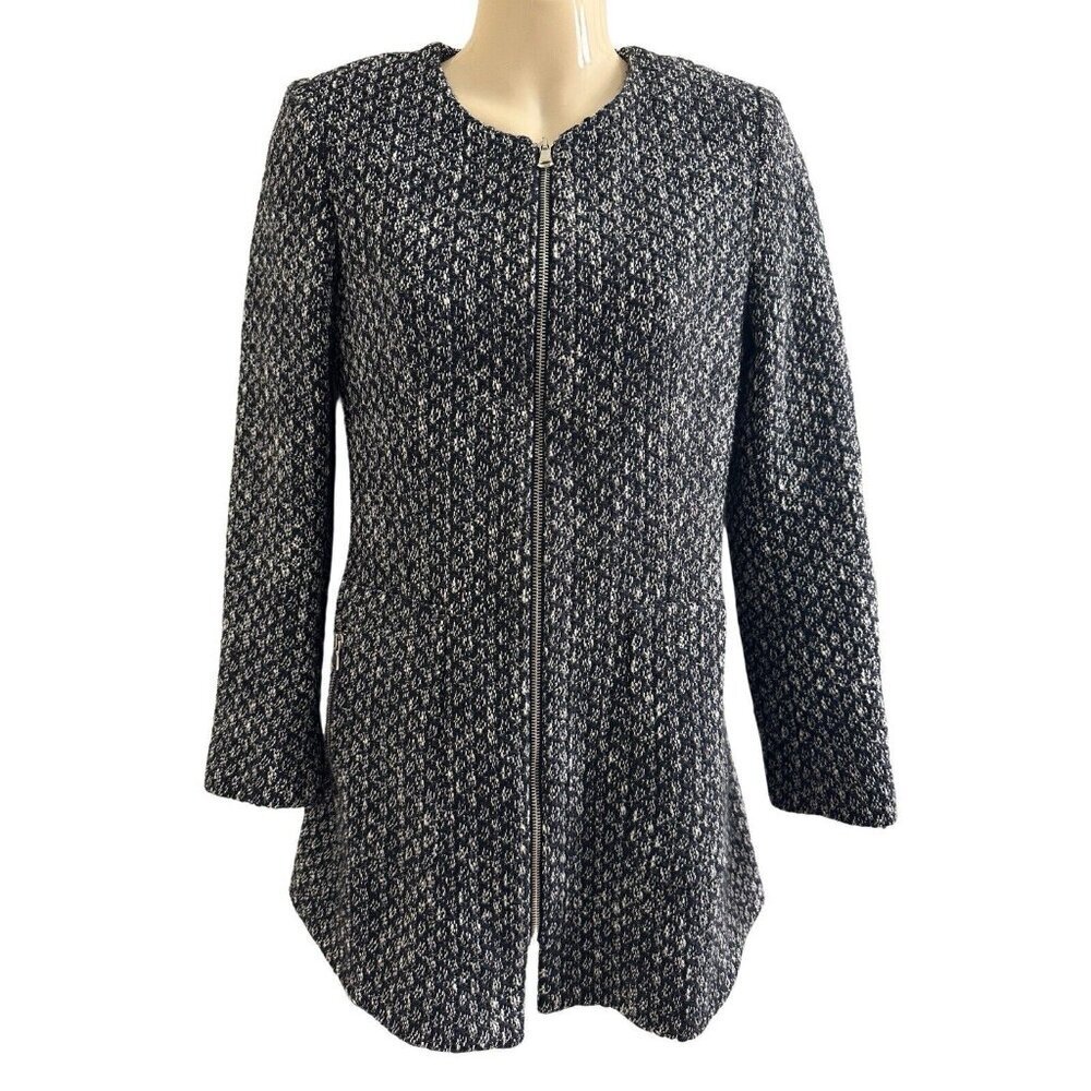 ZARA Tweed Jacket Blazer Full Zip Lined Womens Size Small Black White Office